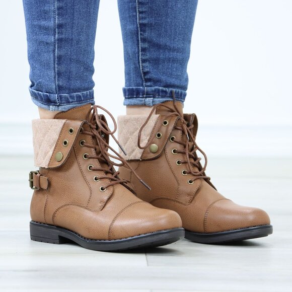 Tan Ankle Boots Lace-Up Fold Cuff Buckle Detail Faux Leather Flat Sole - Picture 3 of 10